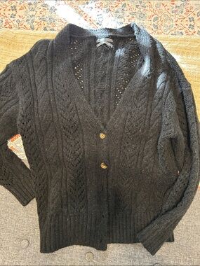 Classic Black Open-Knit Button Cardigan Sweater